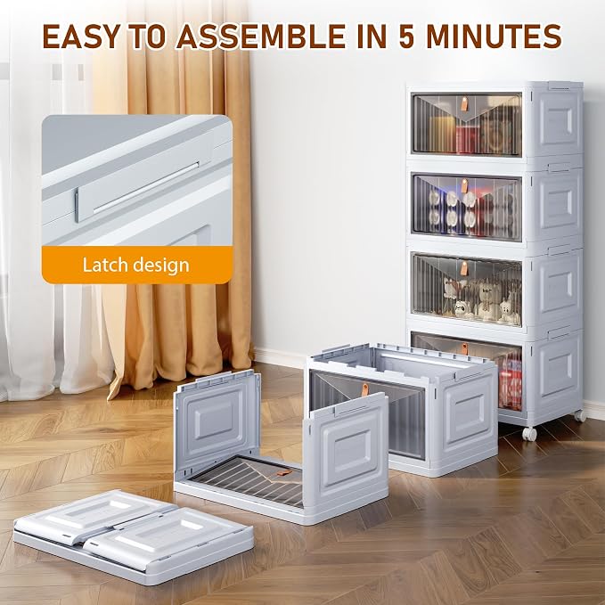 4 Tier Stackable Plastic Storage Bins with Lid and Wheels - 23 QT Closet Organizers and Storage, Foldable Storage Containers, Organization and Storage Boxes for Craft, Home, Pantry, Dorm, Grey - Image 3