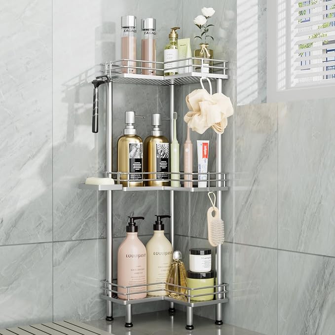 Consumest Corner Shower Caddy Standing - 3-Tier Stainless Steel Shower Organizer with Soap Holder and 4 Hooks, Large Capacity Corner Shelf Stand for Bathroom, Rest Room, Silver by Consumest