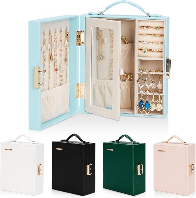 Enthralite Large Travel Jewelry Case: Portable Necklace Box with Mirror - PU Leather & Velvet Lined Jewelry Organizer for Ring Earring Bangle Bracelets Watch - Birthday Gift for Her by Enthralite