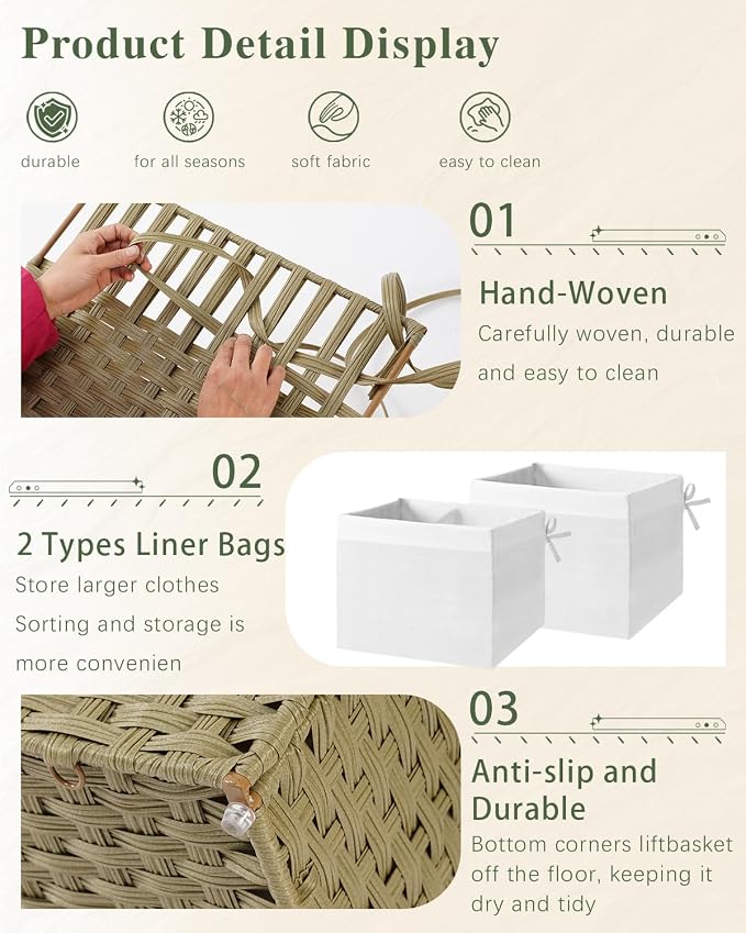 SETVSON Storage Basket with Lid Rattan Woven Storage Baskets with 2 Separate Lids, 17.2 Gallon (65 L), Wicker Storage Bins Foldable, 2 Removable Liner Bags Handles for Bedroom, Laundry Room Green - Image 8