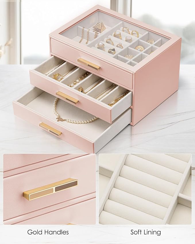 VLANDO Jewelry Box for Women, Glass Lid Jewelry Organizer with 3 Drawers for Necklaces Rings Earrings Bracelets Mother Day Gift for Mom - Dark Pink - Image 5