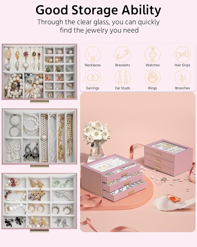 AKOZLIN Jewelry Box with Clear Lid Functional Leather Jewelry Storage Organizer Case 3 Drawers for Women Girls Necklace Ring Bracelet Earring - Image 4