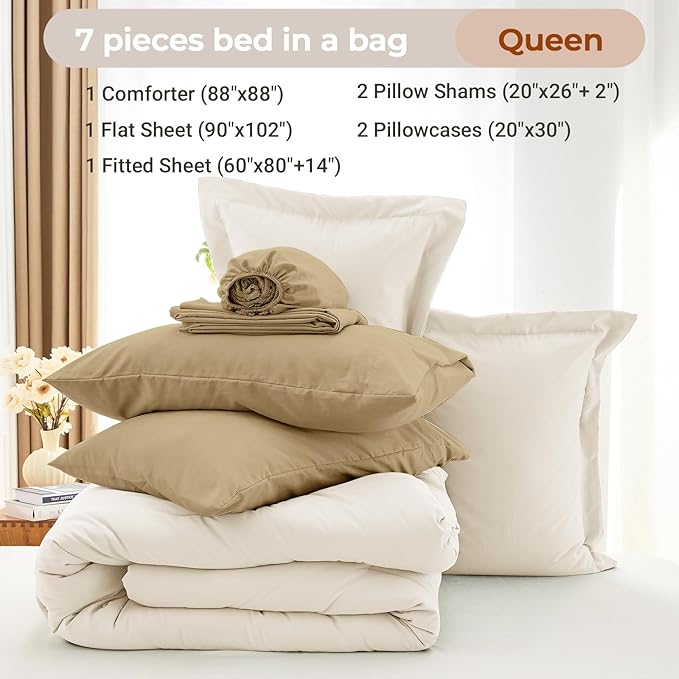 MUXHOMO 7 Pieces Queen Comforter Set, Soft Bed in a Bag Queen Size, All Season Bedding Set with Comforter, Flat Sheet, Fitted Sheet, Pillowcases & Shams, Ivory & Khaki