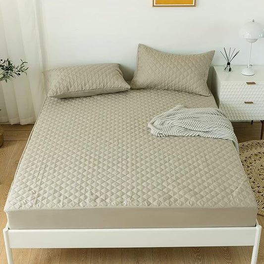 jejeloiu Khaki Quilted Mattress Pad, 100% Waterproof Breathable Queen Bedding Fitted Sheet Mattress Protector 14" Deep Pocket Cotton Snow Down Alternative Filling Mattress Cover (Queen,Khaki)