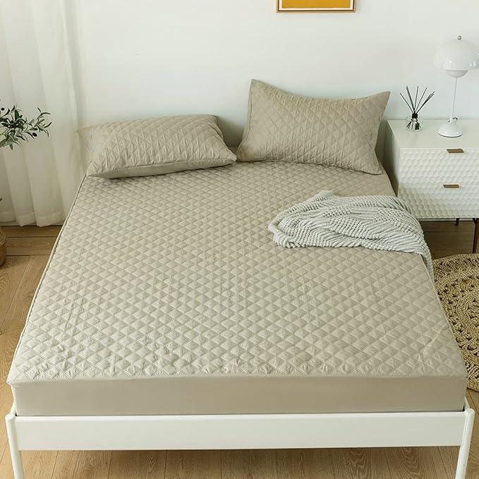 jejeloiu Khaki Quilted Mattress Pad, 100% Waterproof Breathable King Bedding Fitted Sheet Mattress Protector 14" Deep Pocket Cotton Snow Down Alternative Filling Mattress Cover (King,Khaki)