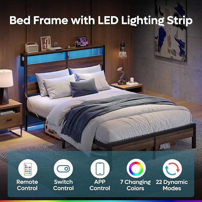 Bestier Queen Size Bed Frame with Headboard and Charging Station,Platform Metal Bed Frame with LED Light,Non-Slip Bed Frame, Noise-Free, Easy Assembly,Walnut