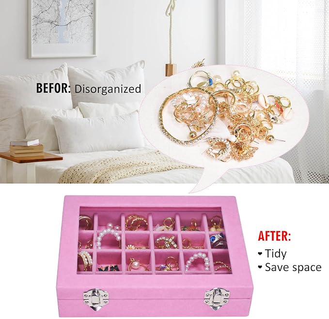 Vicoter Velvet Jewelry Box 24 Grid Jewelry Ring Display Organiser Box Tray Holder Earrings Storage Case for Girls Wife Mom Women (Pink) - Image 5
