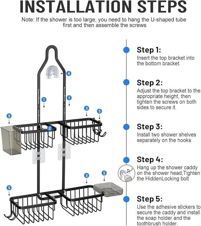 Adjustable Shower Caddy Hanging for Handheld Showerheads - Never Rust Shower Hanging Organizer, Upgraded Bathroom Shower Rack with Soap Basket, Hooks and Toothbrush Holder (Black) - Image 8