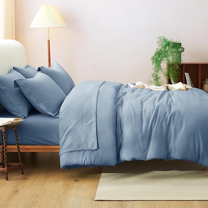 CozyLux King Size Comforter Set Grayish Blue, 7 Pieces Bed in a Bag King Comforter Set with Sheets, Dusty Blue Luxury Soft Bedding Sets with Down Alternative Comforter, Sheets, Pillowcases & Shams