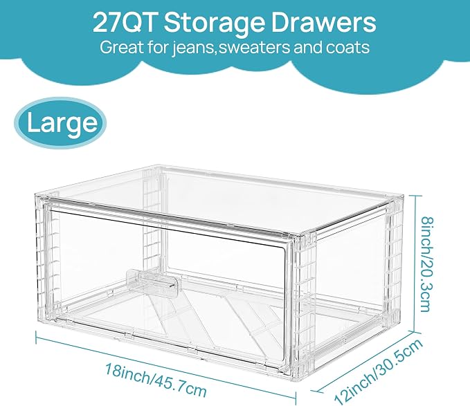 Vtopmart 2 Pack Large Clear Stackable Storage Drawers 27QT, Easily Assemble Plastic Closet Storage Bins, Dust-Proof UnderBed Organizer for Clothing, Sweater Organization - Image 3