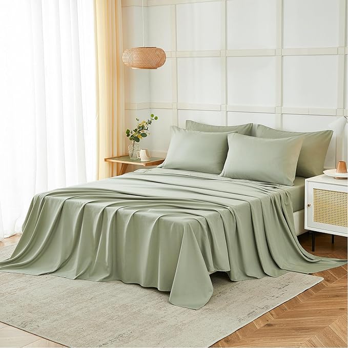 ILAVANDE Sage King Size Sheets Set 6 Piece,Super Soft 1800 Series Microfiber Bed Sheets King Set-Wrinkle & Fade Resistant-14“ Deep Pockets Sheets for King Size Bed(King,Sage Green)