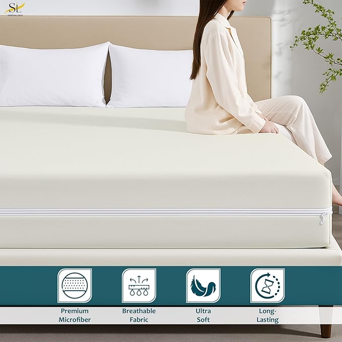 Mattress Protector Twin Size 100% Waterproof Zippered Cover, 15 Inches Deep, Six-Sided Mattress Encasement for Bed, Zipper Closure Style (Ivory)