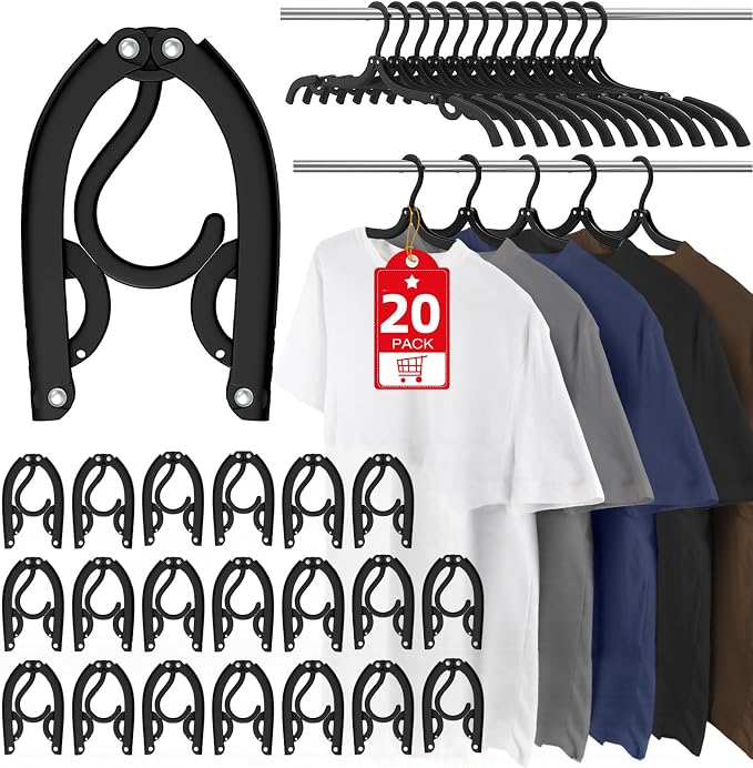 Travel Hangers Portable Foldable Travel Hanger Organizer, Plastic Cruise Essentials Clothes Drying Rack Folding Hangers for Camping Flying RV Europe Vacation Essentials Suitcase (Black, 20 Pack) by Besslly