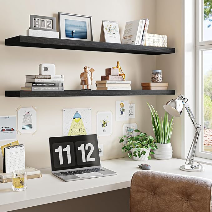 Fixwal Floating Shelves for Wall, 47" Long Heavy Duty Wall Mounted Rustic Wood Shelves for Living Room, Bedroom, Bathroom and Kitchen, Wall Shelves for Storage, Books, Room Decor (Black, Set of 2) - Image 6