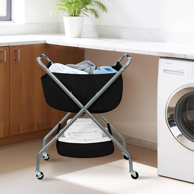 STORAGE MANIAC Collapsible Laundry Cart with Wheels 31.5"H Rolling Laundry Hamper Clothes Basket with Wheels, Canvas Liner Sturdy Steel Frame Folding for Small Narrow Space Easy Storage, Black - Image 9