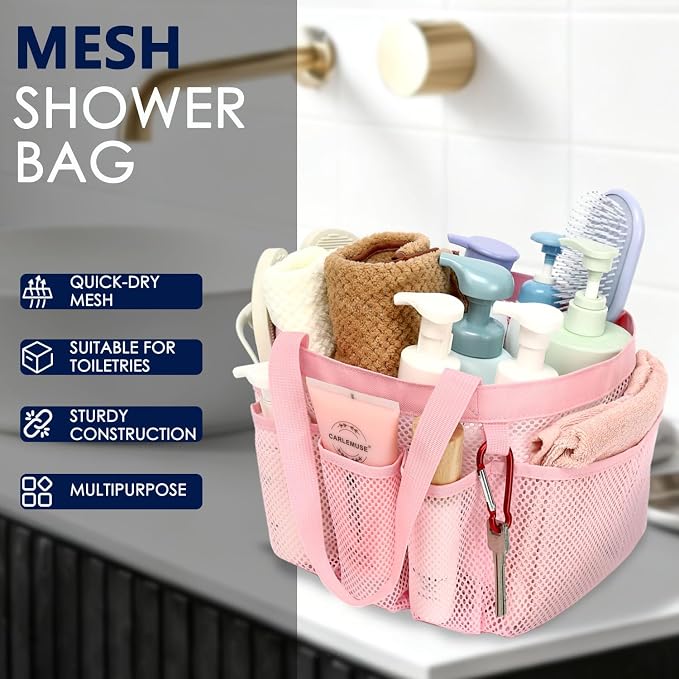 GYEUKHAM Large Mesh Shower Caddy Portable with 8-Pocket for College Dorm Room Essentials,Quick-Dry Handing Shower Basket Tote Bag for Toiletry, Bathroom,Beach,Camp,Gym,Pink - Image 2