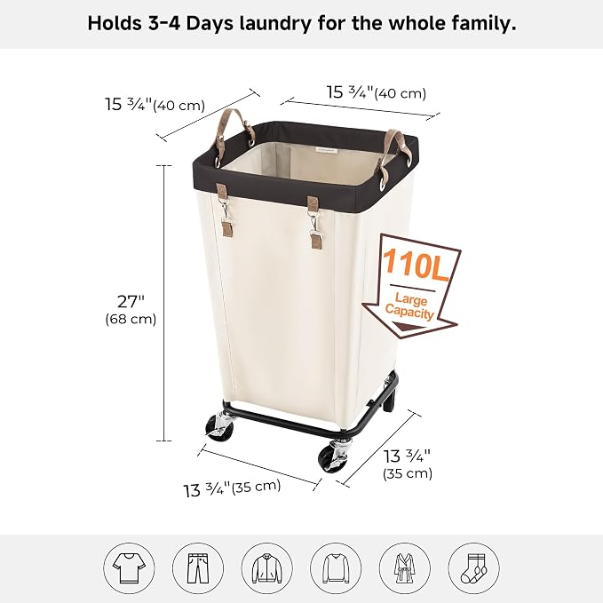 StorageWorks 110L Laundry Basket with Wheels, Large Rolling Hampers for Clothing Organizer, Dirty Clothes Basket for Hotel, Home, Closet, Dorm, Beige - Image 3