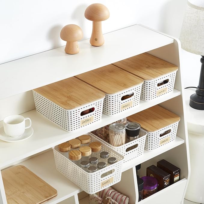 Bagnizer Small Plastic Storage Bins with Bamboo Lids 5.2qt Stackable Box Basket Pantry Decorative Containers Cute with Labels for Organizing Desktop Closet Office Cream White of 6 packs 10*7.2*4.1" - Image 5