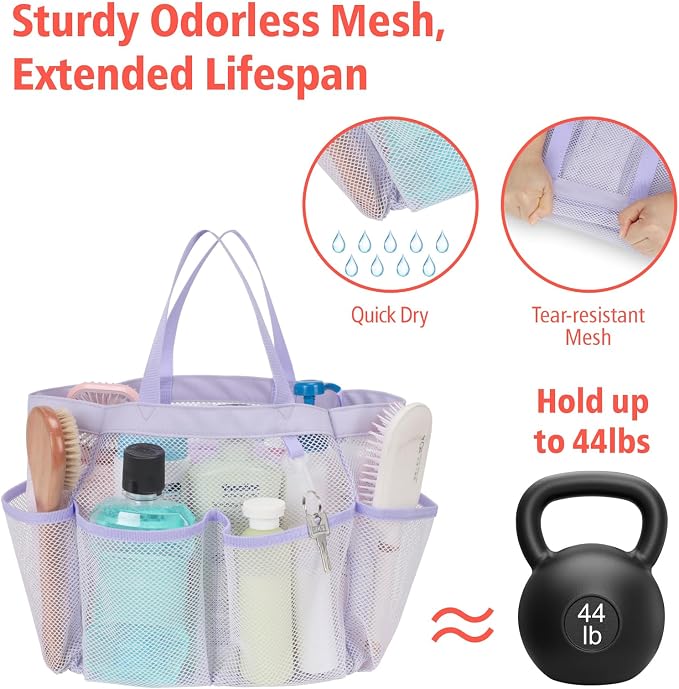 F-color Mesh Shower Caddy Portable, Upgrade Deeper 7 Pockets Shower Bag Basket Tote for College Dorm Room Toiletry Bathroom Essentials Gym Camp Quick Dry 2 handles with S Hook, Purple - Image 3