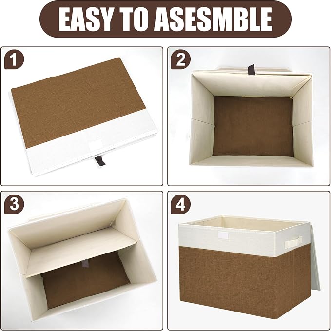 Large 17" 42 Quarts Collapsible Stackable Storage Bins with Lids [3-Pack] Foldable Fabric Linen Storage Boxes Cube, Closet Organizer Baskets with Label for Home (16.7 x 12 x 12", Brown & White) - Image 3