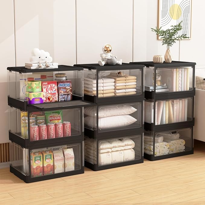 HYBRIDEAS 3-Pack Clear Stackable Storage Bins with Lids Magnetic Doors Open Front Foldable Folding Plastic Craft Containers Large Closet Organizers Box for Bedrooms Living Rooms Study 24 QT - Image 6
