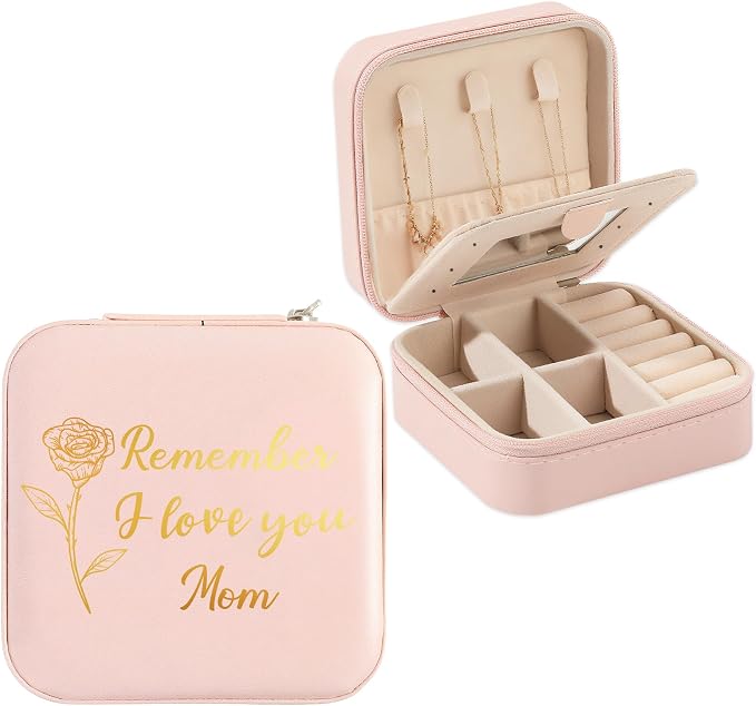 Mom Gifts Remember I Love You Mom Pink Jewelry Box Valentines Christmas Mothers Day Gifts for Moms from Daughter Son Kids Easter Birthday Gift for Moms PU Leather Portable Travel Jewelry Case by Unknown