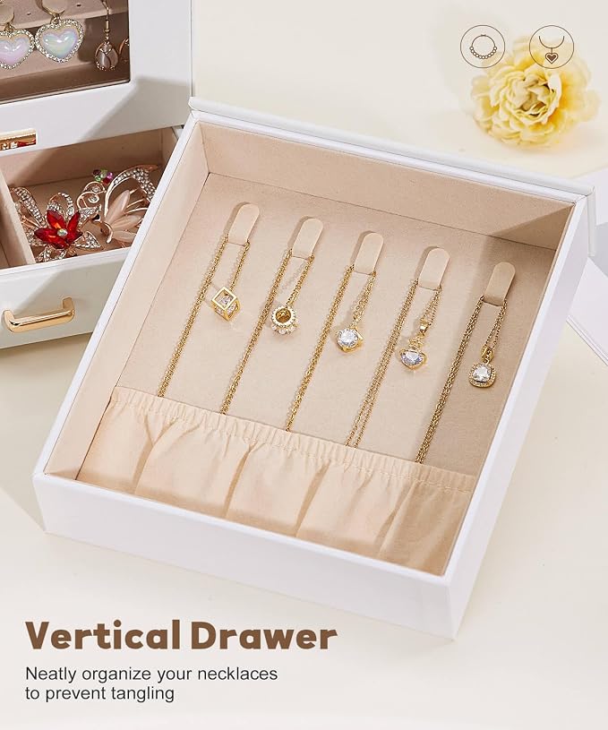 Mothers Day Gifts Homde Jewelry Organizer Girls Women Jewelry Box for Necklaces Rings Earrings Gift Bracelets Storage Case (White + Gold) - Image 9
