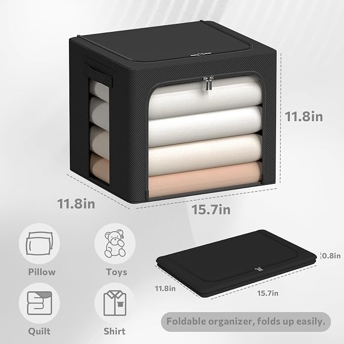 CYhom 3Pack Frame Storage Box - Clothes Storage Bin Bags Oxford Fabric Foldable Stackable Container Organizer Set with Clear Window & Carry Handles (Black, X-Small-36L) - Image 6