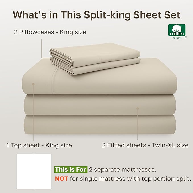 California Design Den Split King Sheets Sets for Adjustable Bed - 600 Thread Count Sateen, 100% Cotton Sheet & Pillowcase Sets, Deep Pockets, Soft and Durable Bedding - Beige