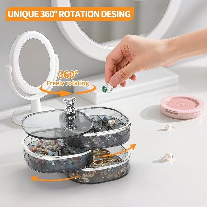 LETURE 3-Layers Rotatable Jewelry Organizer Storage Box, Clear Ripple Jewelry Holder Case for Ring Earring Necklaces Bracelets Makeup Hair Accessories, Small Rotating Jewelry Tray for Women (Grey) - Image 4