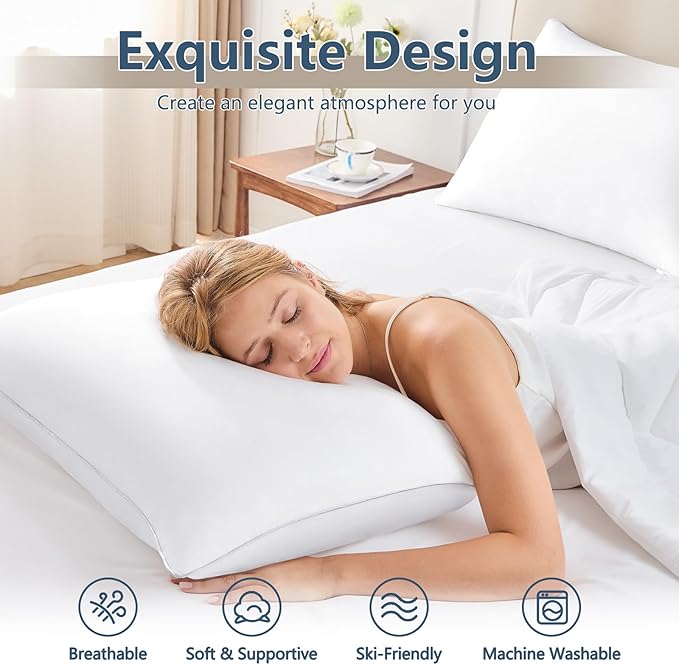 CozyLux Soft Supportive Bed Pillows for Side and Back Sleepers, Oeko-Tex Certified Down Alternative Filling, Hotel Quality Fluffy Sleeping Pillow, Queen Size Set of 2, White, 18" x 28"