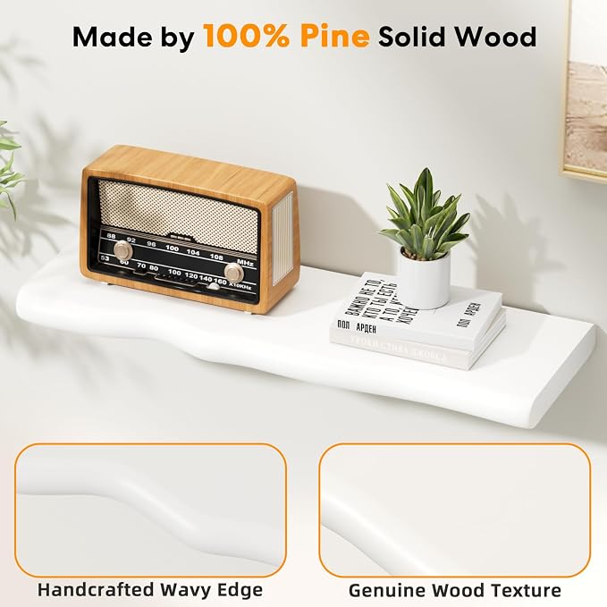 Floating Shelves for Wall Rustic Farmhouse 24 Inch Floating Shelf Bathroom Wooden Shelves for Wall Mounted Live Edge Pine Shelf with Unique Natural Grain for Living Room Bedroom Kitchen (White) - Image 4