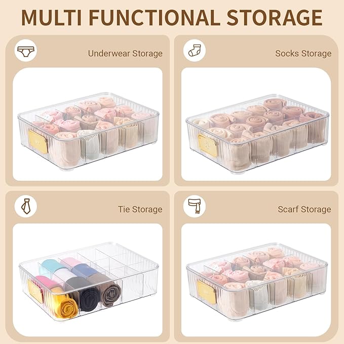 Sock Organizer for Drawer, 15 Compartments Detachable Plastic Underwear Drawer Organizer with Lid for Closet, Compartment Storage Ideal for Socks, Bras, Ties, and Scarves (Sock) - Image 5