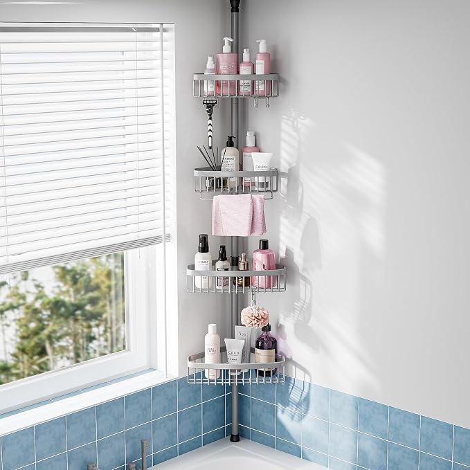 Corner Shower Caddy Tension Pole: Stainless Steel Rustproof 4-Tier Shower Organizer - 47-121 inch Adjustable Bathroom Shelves for Bathtub Shampoo Storage - Tension Rod Floor Standing Bath Rack by ESSEMELLC
