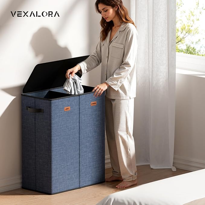 150L Double Laundry Hamper With Lid, Large Clothes Hampers with Removable Bag, Laundry Hamper 2 Section for Bathroom, Bedroom, Laundry Room, Dorm, Navy Blue - Image 2