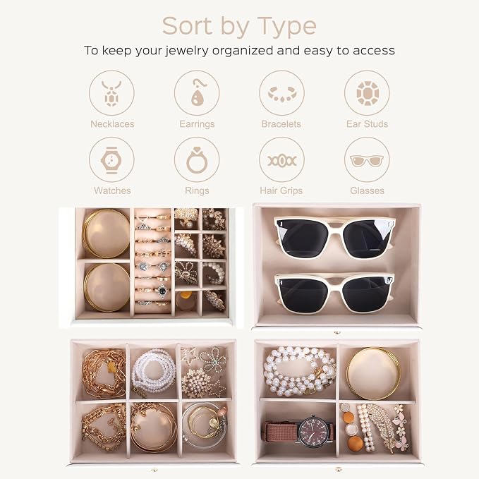 Dajasan Large Jewelry Box Organizer, Jewelry Storage Organizer with 3 Drawers, Huge Jewelry Box with Mirror for Women Girls, Double Door, Textured PU Leather, Gift Idea, Stylish (White + Gold) - Image 3