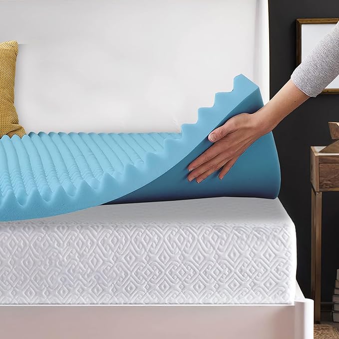 Treaton, 1-Inch Premium Convoluted Gel Memory Foam Toppers for Enhanced Comfort and Support, King, Blue