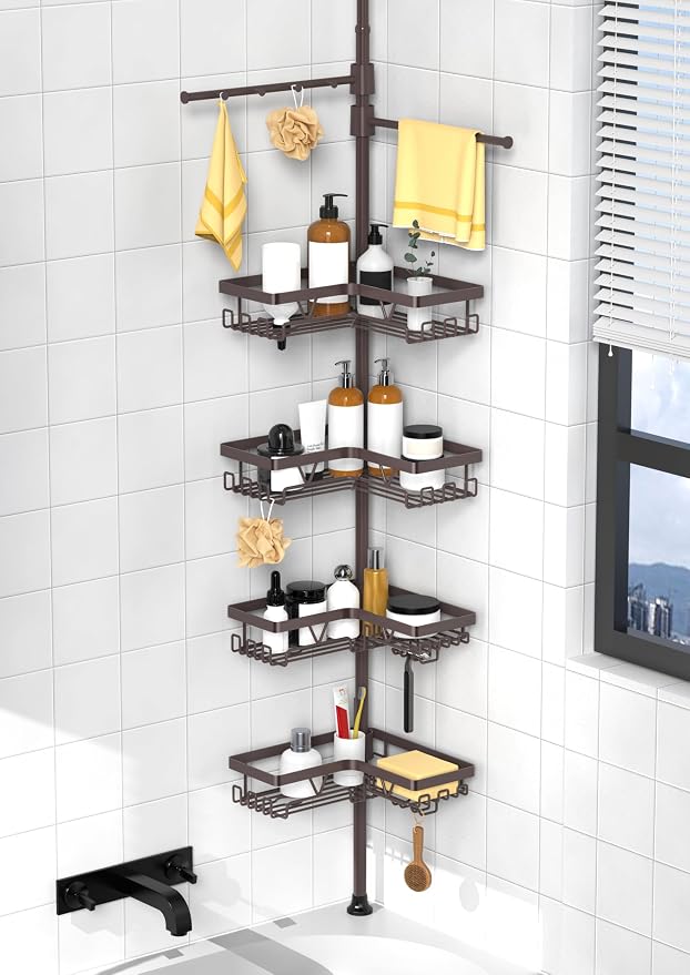 KEGII Shower Caddy Tension Pole with 2 Towel Bars, Adjustable Corner Bathroom Organizer, Rustproof Bathtub Storage Shelves for Shampoo, 25–114.2 Inch Shower Corner Rack for Renters & Family, Bronze by KEGII