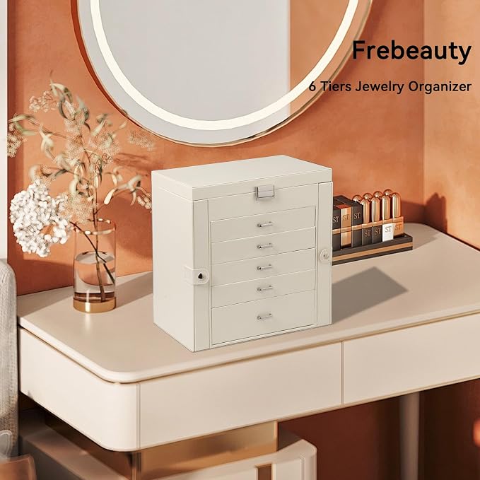 Frebeauty Large Jewelry Box,6-Tier PU Leather Jewelry Organizer,Multi-functional Storage Case with Mirror,Accessories Holder with 5 Drawers for Necklace Bracelets Watches(Pearl White) - Image 2