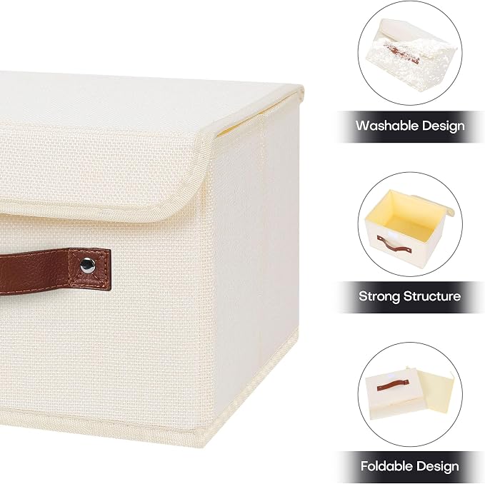 ANMINY 4PCS Storage Bins with Lid PU Leather Handles Storage Boxes PP Plastic Board Decorative Foldable Lidded Cotton Linen Fabric Home Cubes Baskets Closet Organizer Containers - Beige, Small Size - Image 4