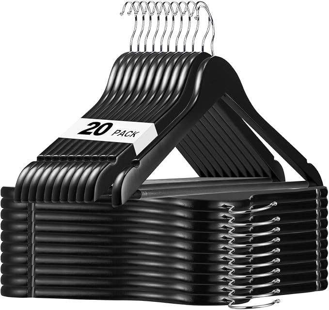 HOUSE DAY Black Wooden Hangers 20 Pack, Solid Wood Hanger with Non Slip Pant Bar, Heavy Duty Wooden Coat Hanger for Closet, Smooth Finish Wood Clothes Hangers for Shirts, Suits, Jackets, Dress by HOUSEDAY