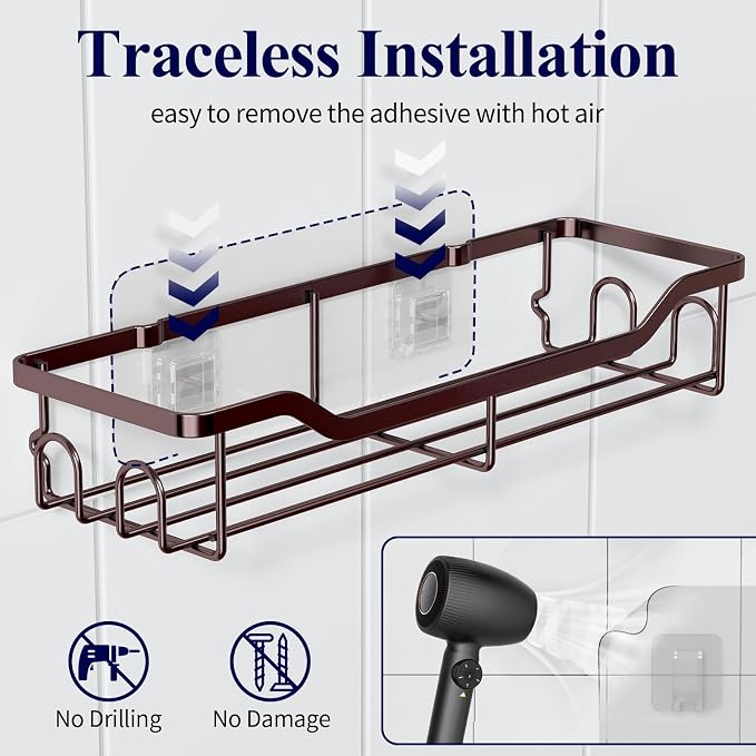 Kitsure Shower Caddy Large - Adhesive Shower Organizer, Stainless Steel Shelf for Inside Shower, No Drill Bathroom Organizers and Storage, Home Decor Accessories, 2 Pack, Brown - Image 4