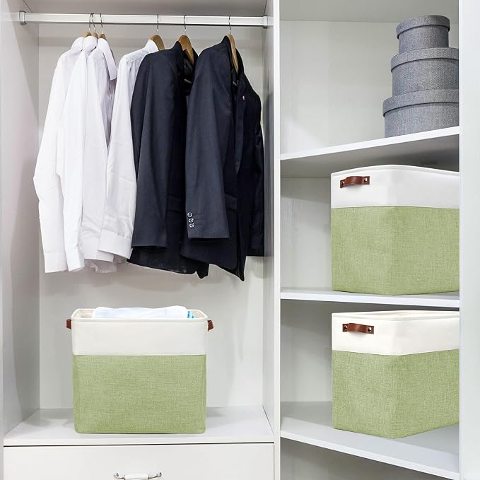 Bagnizer Large Fabric Storage Baskets | 50L Storage Bins, Decorative Linen Closet Baskets with Handles for Organizing, Shelf, Toys, Clothes, Home, Office, Nursery, 17x12x15Inches (Green&White) - Image 2