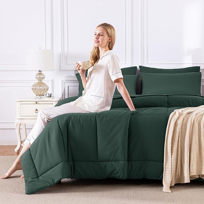 CozyLux Full Size Comforter Sets Forest Green, 7 Pieces Bed in a Bag, Green Comforter Full Size, All Season Bedding Sets with Stitch Quilted Comforter, Flat Sheet, Fitted Sheet, Pillowcases