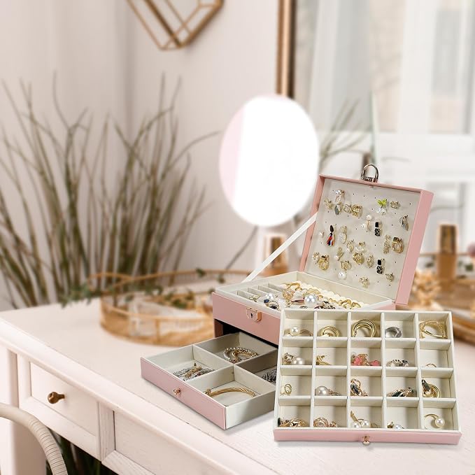 3-Layer Jewelry Box for Women, Jewelry Organizers and Storage with Removable Jewelry Tray, Vintage Quilted Top Lockable Jewelry Holder Gift Idea Pink - Image 7