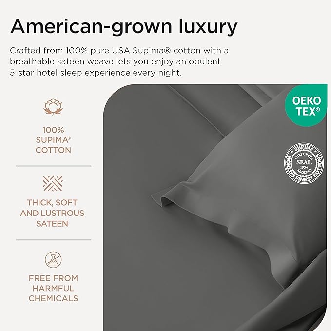 Threadmill Luxury Supima Cotton Sheets, Luxury 1000 Thread Count 100% Soft Cotton Sheets for Full Size Bed, 4 Pc Dark Grey Bed Sheets Full Set, 5-Star Hotel Quality Deep Pocket Bed Sheets Set