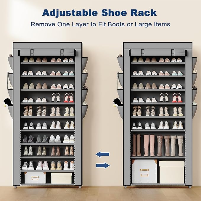 Mavivegue Shoe Rack with Cover, 10+1 Tier Tall Shoe Storage for 50-55 Pairs of Shoes, Shoe Organizer for Entryway, Closet, Garage, Grey - Image 6
