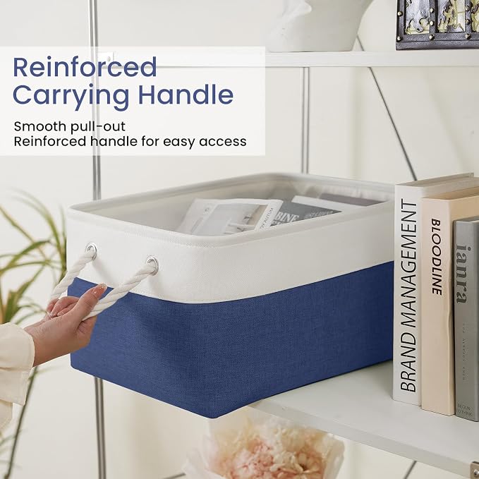 Large Storage Baskets- 15.7x11.8x8.26 inch Storage Bins for Shelves and Closet Organizing, Foldable Fabric Bin for Home Organization Clothes and Laundry (3-Pack, White&Blue) - Image 3