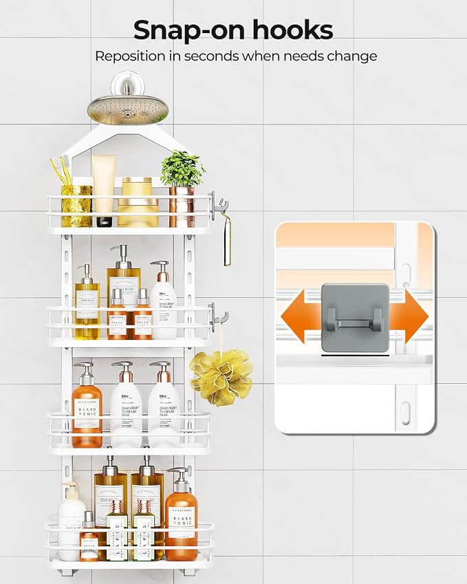 ODesign 4 Tier Height-Adjustable Shower Caddy Hanging Anti-Swing-Over The Shower Head Caddy-Storage Organizer Bathroom Shelves Basket-White - Image 8