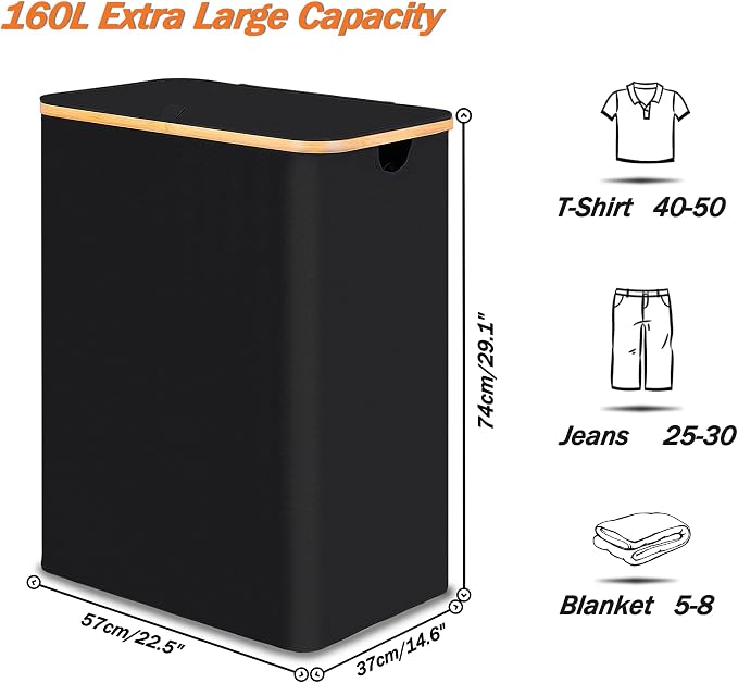 efluky Laundry Hamper with Lid, Trio Laundry Hamper with 3 Removable Bags, 3 Section Laundry Basket with Bamboo Handles for Bathroom, Bedroom & Laundry Room, 160L Black - Image 2